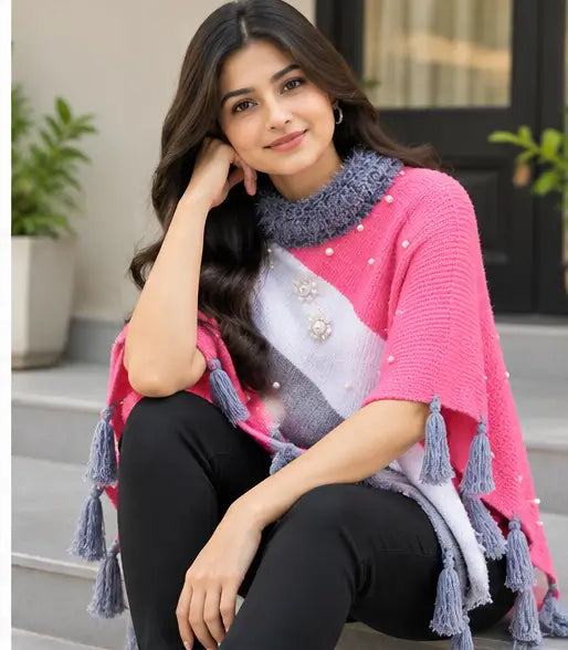 Women’s Stylish Pink Poncho with Fur Collar, Pearl Detailing & Tassel Design
