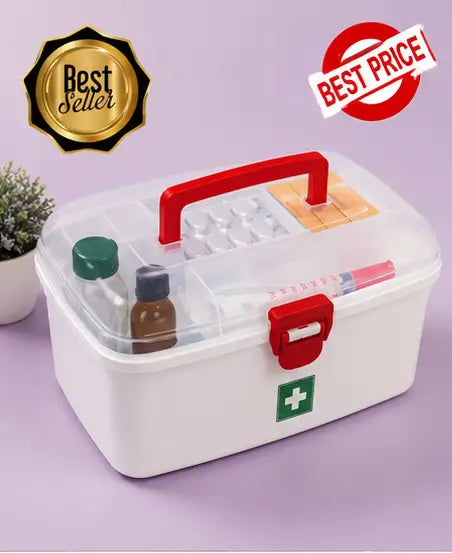 Multipurpose Medicine Storage Box with Handle | Plastic First Aid Kit Organizer with 2 Compartments (White)