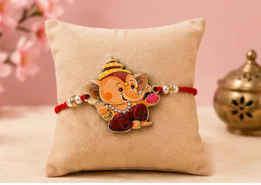 Friendly Wooden Ganpati Bappa Cartoon Rakhi for Kids | Handmade Rakshabandhan Rakhi with Roli Chawal