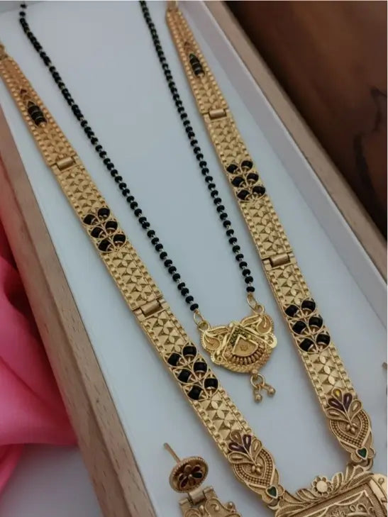 Gold Plated Alloy Mangalsutra Set with Artificial Stones Adjustable Traditional Necklace for Women