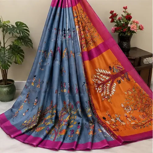 Silk Saree with Blouse, Khadi Silk Designer Printed Saree for Women,, 1 Pc