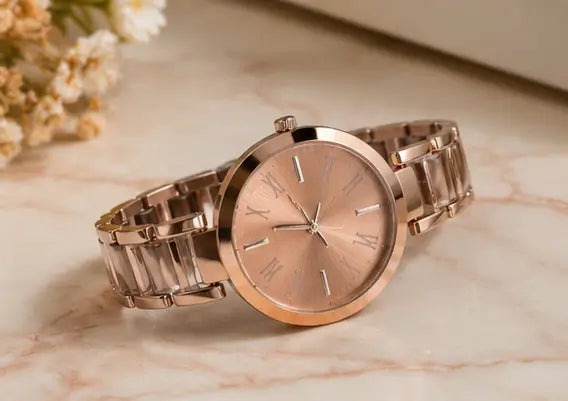 Women’s Designer Metal Analog Watch – Round Brown Dial Quartz Wristwatch | Stylish Fashion Watch with Additional Strap