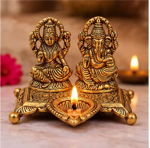 Lakshmi Ganesh Idol with Decorative Diya, Aluminium Golden Finish for Diwali Pooja & Home Décor