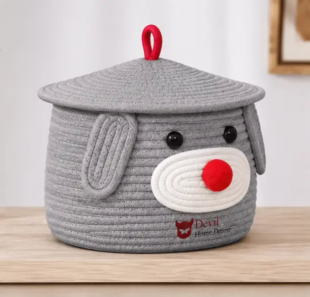 Cute Dog Shape Cotton Rope Storage Basket with Lid | Multipurpose Toy, Clothes & Nursery Organizer