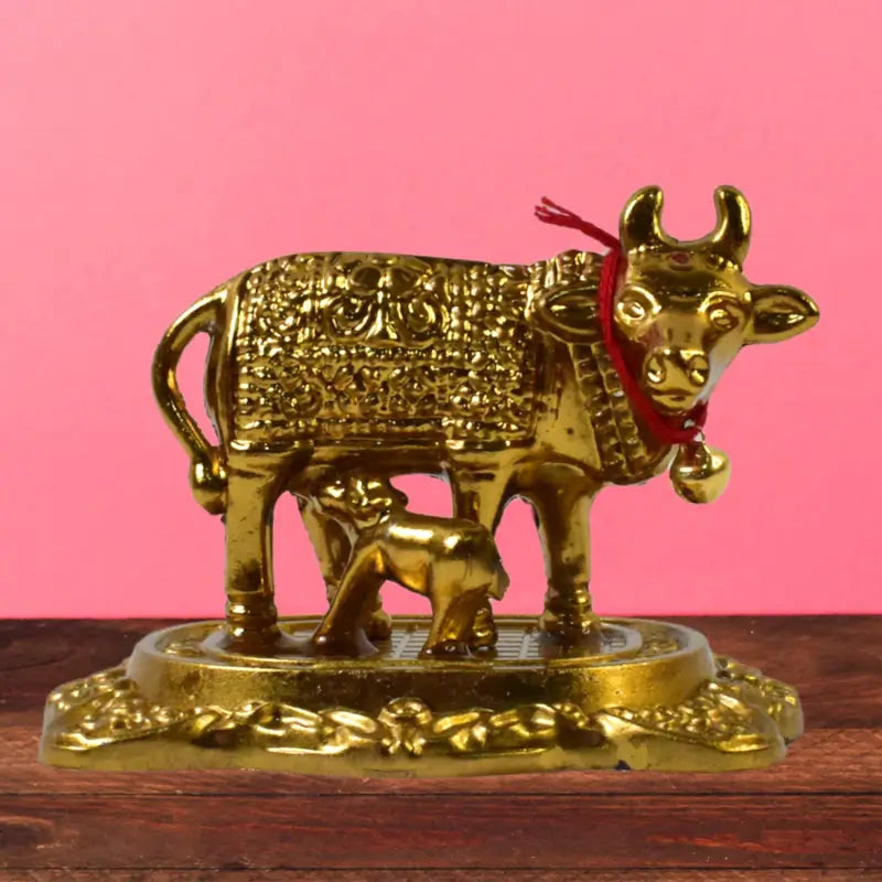 Metal golden kamdhenu cow with calf showpiece essential idol|idols - USB Powered