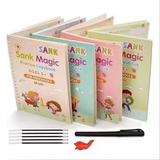 Magic Practice Copybook Set for Kids | 4 Reusable Handwriting Books with 10 Refills, Pen & Grip | Alphabet, Numbers, Drawing & Math Learning Activity Books