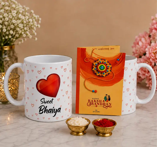 Rakhi Gift Combo Set – Bhaiya Bhabhi Rakhi with 2 Coffee Mugs & Festive Gift Set (5 Pieces)