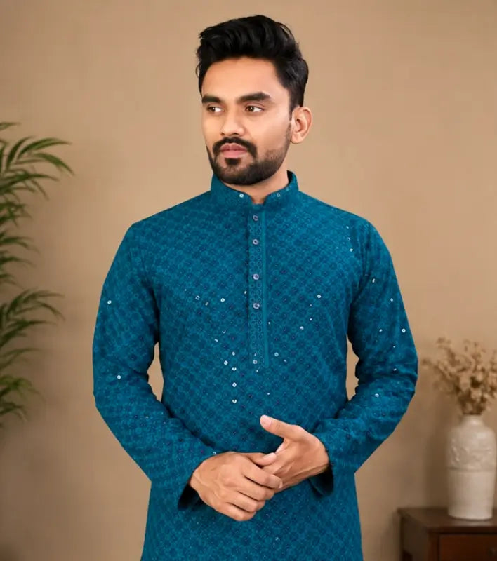 Men's Chikankari Embroidered Rayon Kurta – Full Sleeve Sequin Work Ethnic Kurta for Festive & Wedding Wear