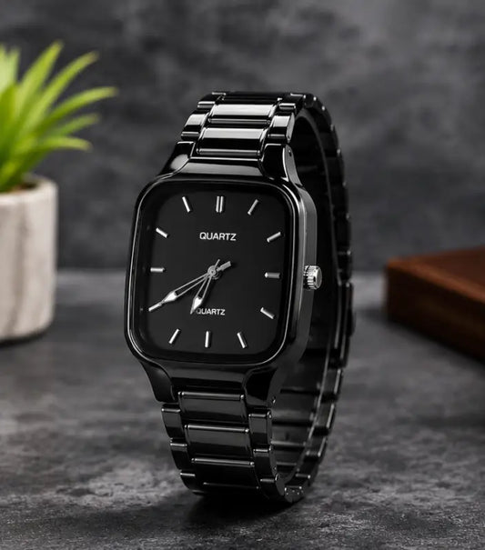 Men's Black Analog Quartz Watch – Stylish Square Dial Metal Strap Wrist Watch for Boys & Men