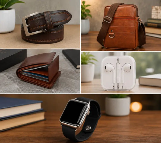 Men’s 5-Piece Combo Gift Set – Belts with Wallet, Wired Earphones, Digital Watch & Men’s Hand Bag