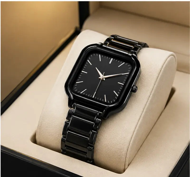 Women’s Square Black Dial Watch – Stainless Steel Strap Quartz Analog Wristwatch | Stylish Rose Fashion Watch