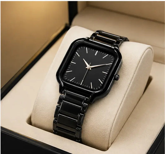Women’s Square Black Dial Watch – Stainless Steel Strap Quartz Analog Wristwatch | Stylish Rose Fashion Watch