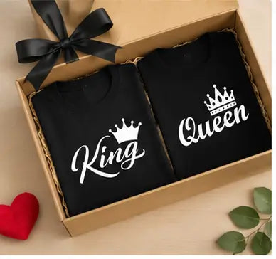 King Queen Couple T-Shirt Set – Printed Cotton Blend Matching T-Shirts for Men & Women (Pack of 2)