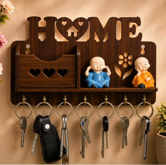 Wooden Wall Mounted Key Holder with Shelf – Decorative Home Key Organizer Rack with 7 Hooks