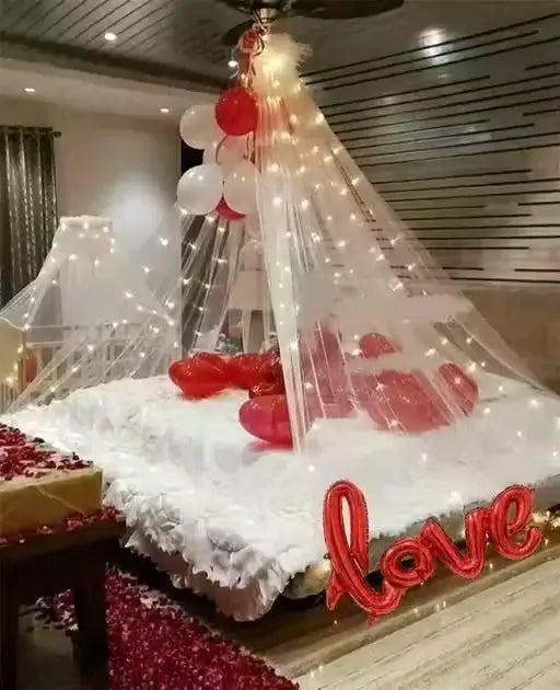 Romantic Decoration Set with White Net, LED Lights, and Foil Balloons