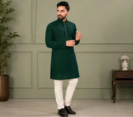 Men's Chikankari Embroidered Rayon Kurta – Full Sleeve Sequin Work Ethnic Kurta for Festive & Wedding Wear
