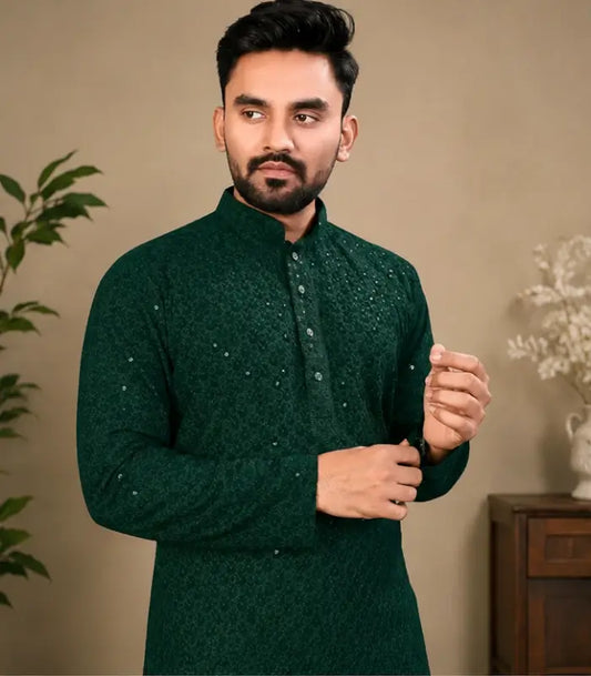 Men's Chikankari Embroidered Rayon Kurta – Full Sleeve Sequin Work Ethnic Kurta for Festive & Wedding Wear