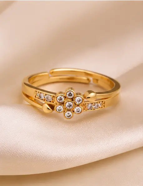 Combo of 2 Gold Plated Adjustable American Diamond Rings for Women & Girls | Free Size Finger Ring Set