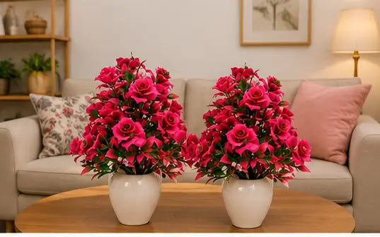 Artificial Rose Bonsai Plant in Pot – Decorative Faux Flower Plant for Home, Office & Table Décor (Set of 2)