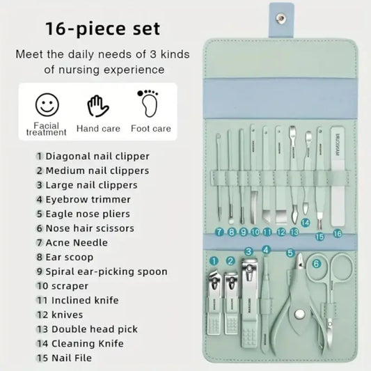 Professional 16 in 1 Stainless Steel Manicure Pedicure Kit Nail Clipper Grooming Set with Travel Case for Men Women (Multicolor)