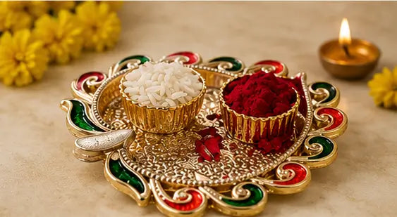 Premium Bhaiya Bhabhi Rakhi Set with Decorative Thali, Roli & Chawal | Designer Beaded Raksha Bandhan Rakhi Combo for Brother & Sister-in-Law