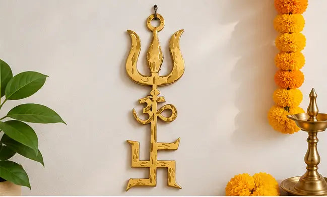 Pure Brass Om Trishul Swastik Wall Hanging – Trishakti Yantra for Home, Office, Temple & Vastu Décor