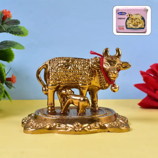 Metal golden kamdhenu cow with calf showpiece essential idol|idols - USB Powered