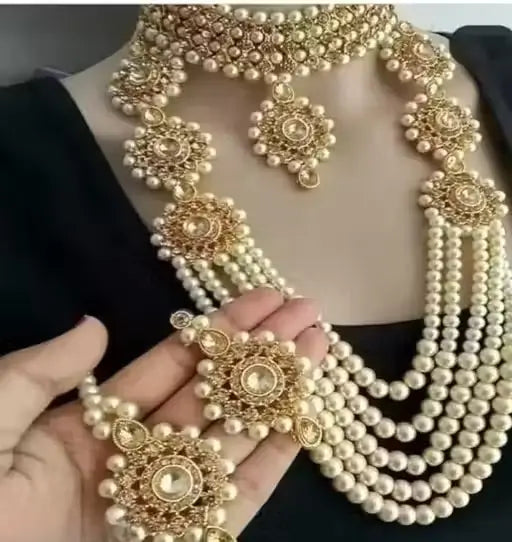 Jewellery Set | Gold-Plated Alloy Bridal Set with American Diamonds, Adjustable Full Set for Women