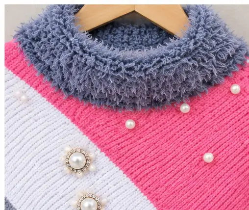 Women’s Stylish Pink Poncho with Fur Collar, Pearl Detailing & Tassel Design