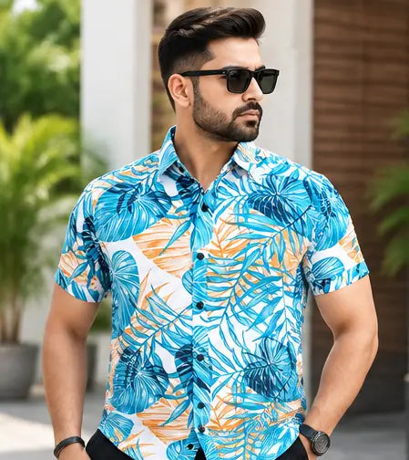 Scaglia Printed Green Cotton Shirt for Men – Short Sleeve Regular Fit Casual & Office Wear