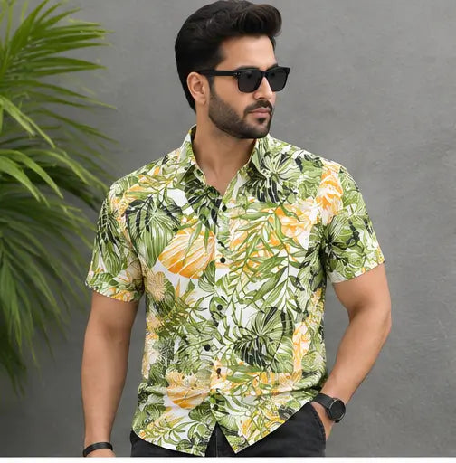 Scaglia Printed Green Cotton Shirt for Men – Short Sleeve Regular Fit Casual & Office Wear