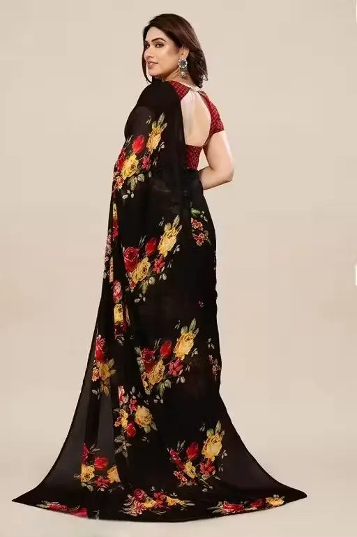 Women's Designer Georgette Floral Printed Saree with Blouse Piece – Cotton Blend, Free Size