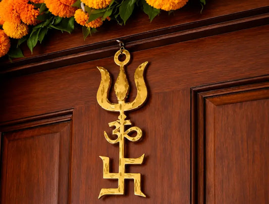 Pure Brass Om Trishul Swastik Wall Hanging – Trishakti Yantra for Home, Office, Temple & Vastu Décor