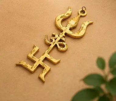 Pure Brass Om Trishul Swastik Wall Hanging – Trishakti Yantra for Home, Office, Temple & Vastu Décor