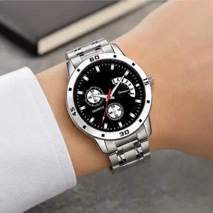 Men’s Analog Watch Combo Pack of 2 – Black Dial Stainless Steel Chain & Rubber Strap Watches | Quartz Casual Wristwatch Set