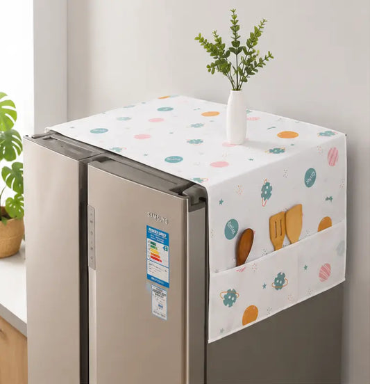 Fridge Top Cover with 6 Utility Pockets – Waterproof Printed Refrigerator Cover 130 × 54 cm with Handle Cover