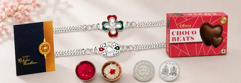 Effete Designer Rakhi Gift Combo – Set of 2 Bracelet Rakhi with Chocolates, Pooja Coin, Roli Chawal & Greeting Card for Brother
