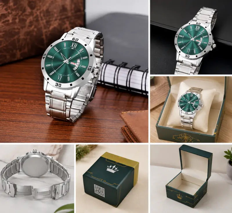 Men’s Analog Watch – Olive Green Dial with Stainless Steel Strap | Day & Date Display Quartz Wristwatch