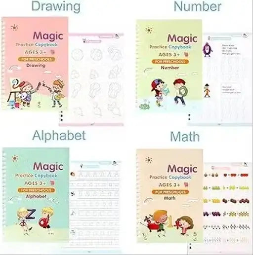 Magic Practice Copybook Set for Kids | 4 Reusable Handwriting Books with 10 Refills, Pen & Grip | Alphabet, Numbers, Drawing & Math Learning Activity Books
