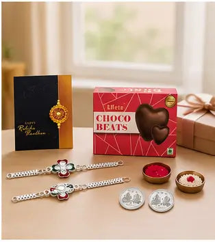 Effete Designer Rakhi Gift Combo – Set of 2 Bracelet Rakhi with Chocolates, Pooja Coin, Roli Chawal & Greeting Card for Brother