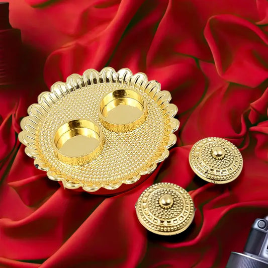 Golden Designer Pooja Thali Set with Kumkum & Diya Holders – Decorative Puja Plate for Festivals, Aarti & Home Temple