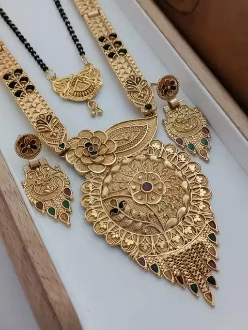 Gold Plated Alloy Mangalsutra Set with Artificial Stones Adjustable Traditional Necklace for Women