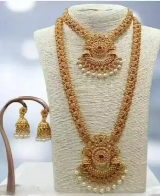 Princess Unique Jewellery Set | Gold-Plated Alloy Haram and Earrings with Pearls, Adjustable.