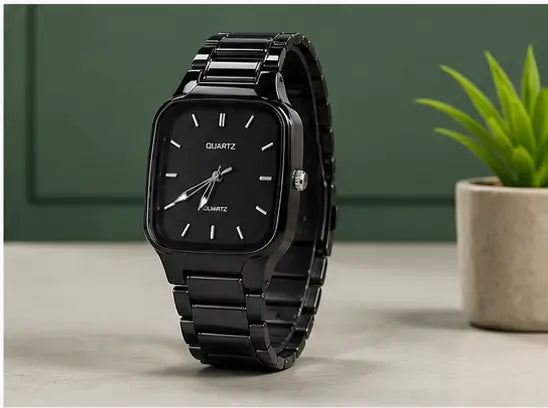 Men's Black Analog Quartz Watch – Stylish Square Dial Metal Strap Wrist Watch for Boys & Men