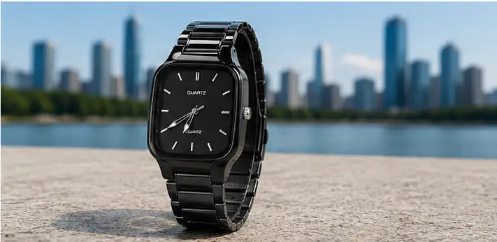 Men's Black Analog Quartz Watch – Stylish Square Dial Metal Strap Wrist Watch for Boys & Men