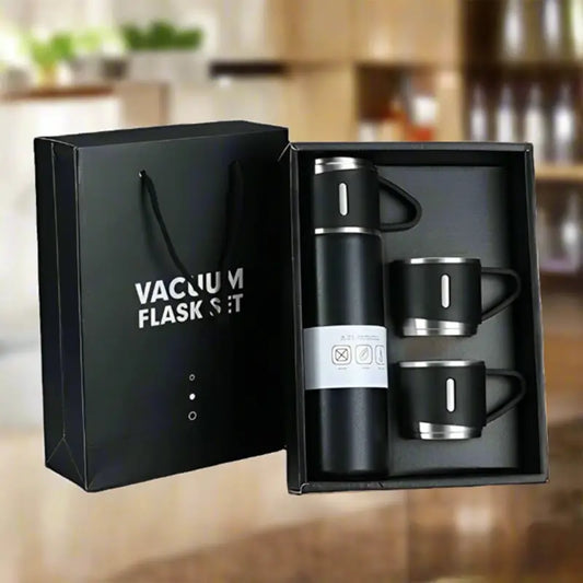 Stainless Steel Vacuum Flask Set with 3 Steel Cups Combo for Coffee Hot Drink and Cold Water Flask Ideal Gifting Travel Friendly Latest Flask Bottle. (500ml)